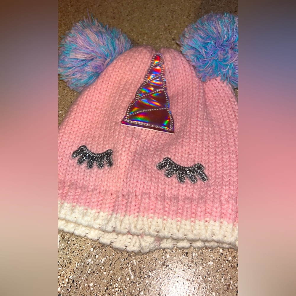 Pink Kids Unicorn Winter Beanie Hat Blue Pom Poms Holographic Purple Horn